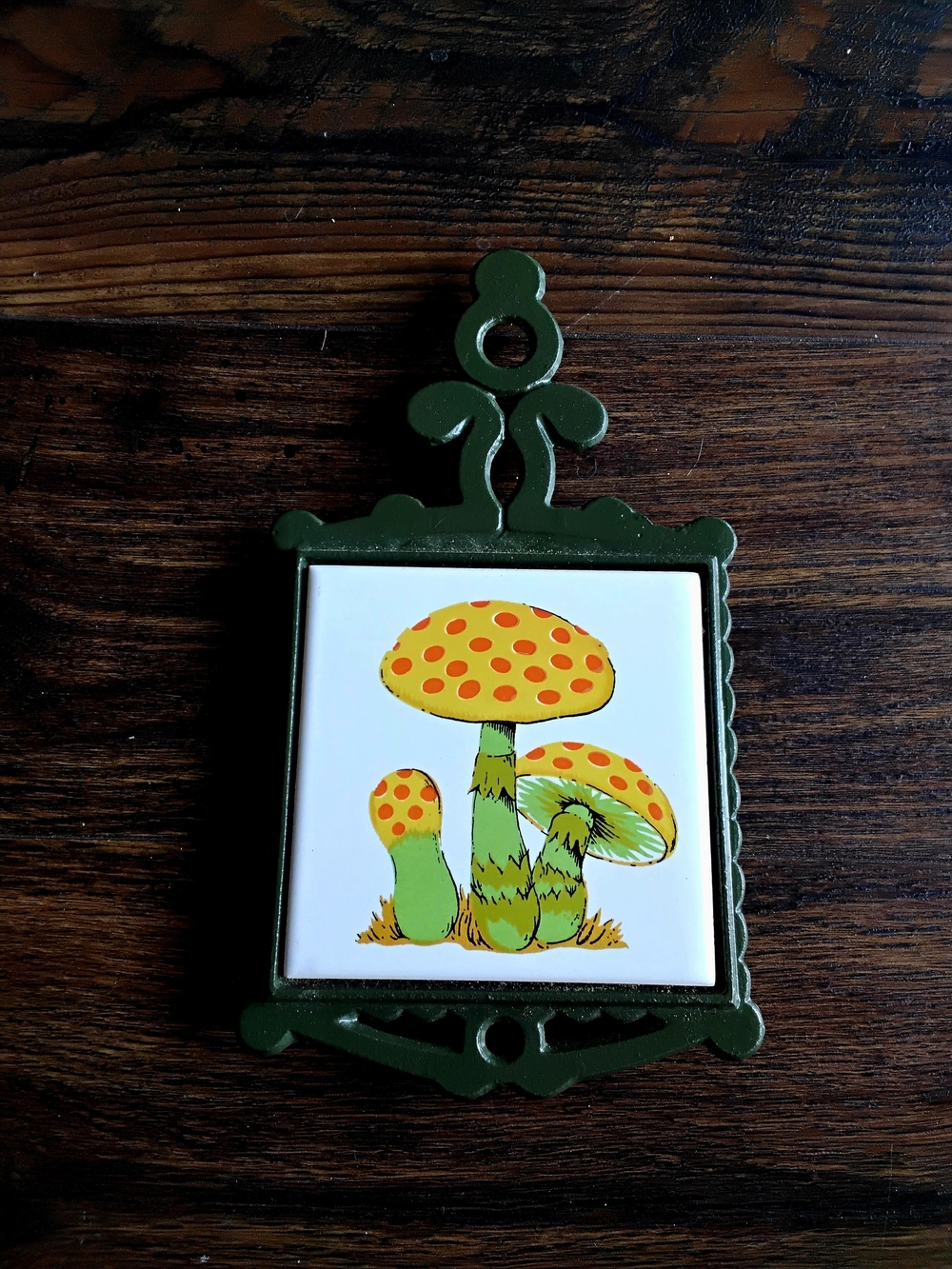 Vintage 1970's Cast Iron & Ceramic Mushroom Tile Trivet Wall Hanging